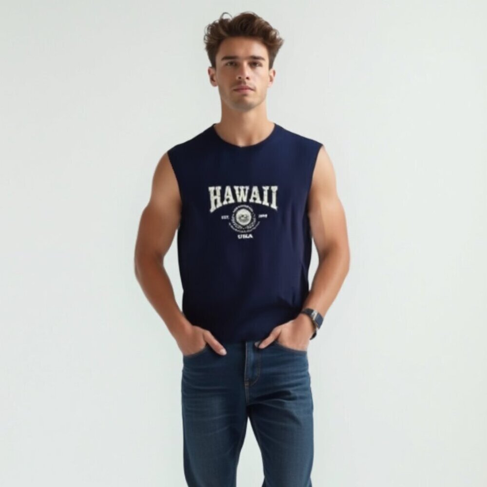**Navy Hawaii Graphic Sleeveless Men Shirt M